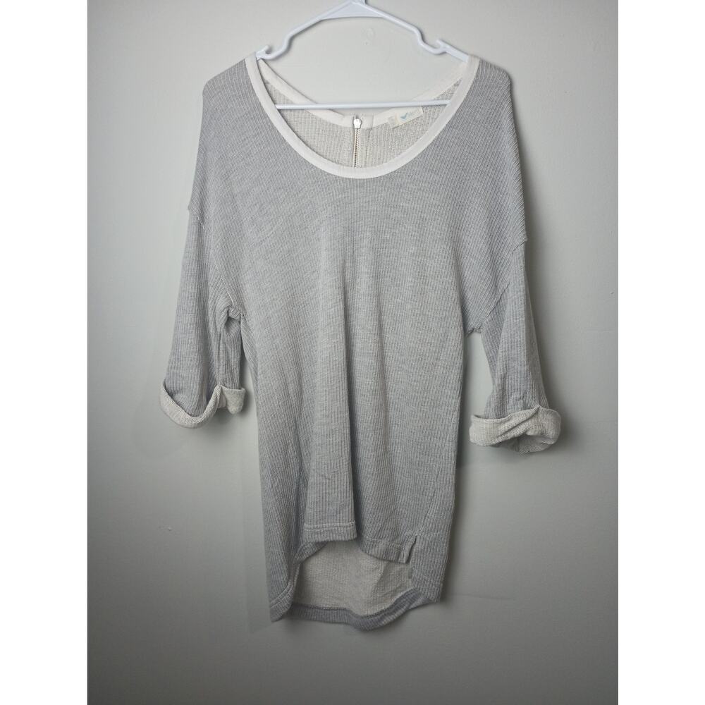 Women Gray Quarter Sleeve Knit Textured Blouse‎ Stem Top Zip Back Career Medium
